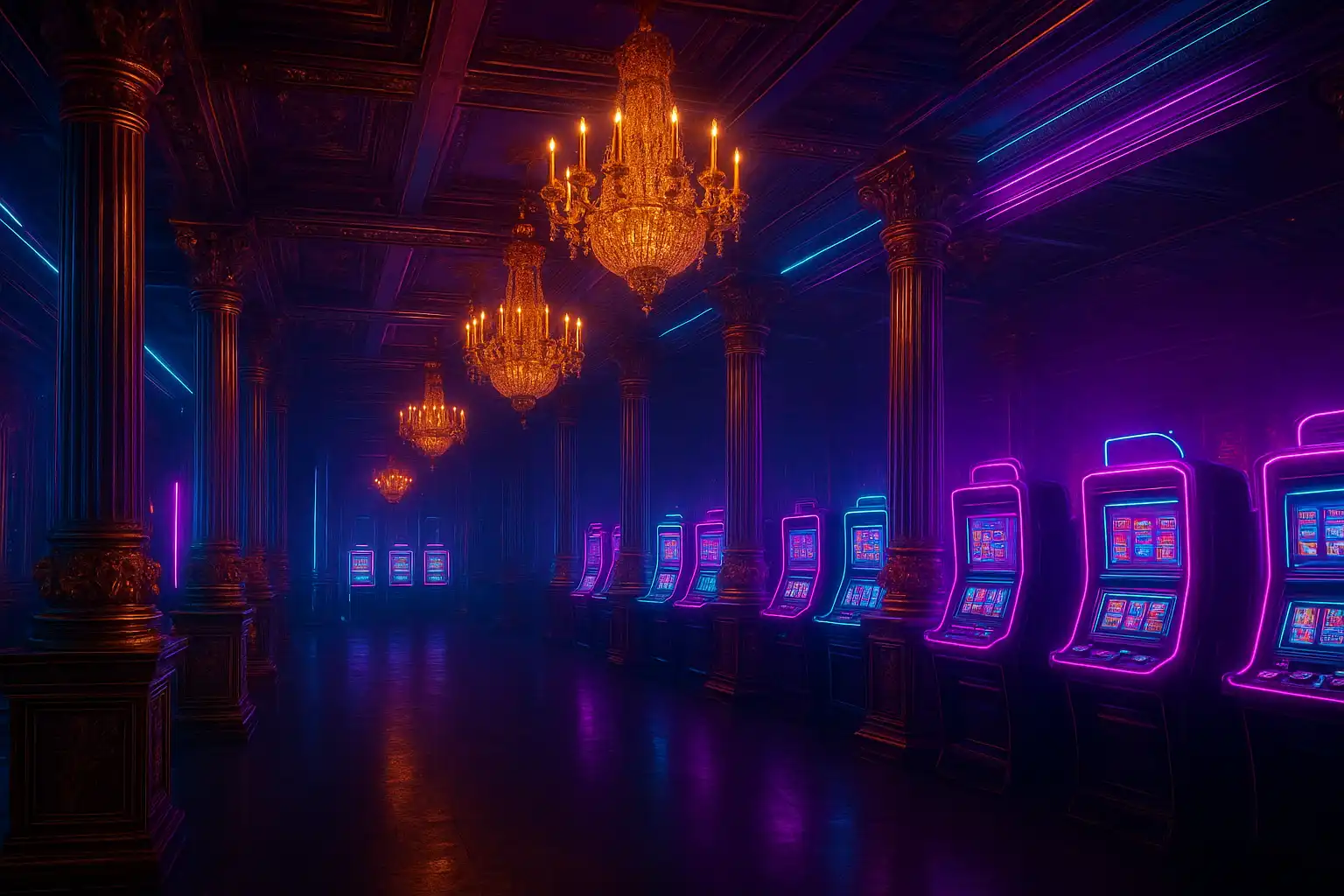 Golden casino palace hall with neon cyberpunk lights
