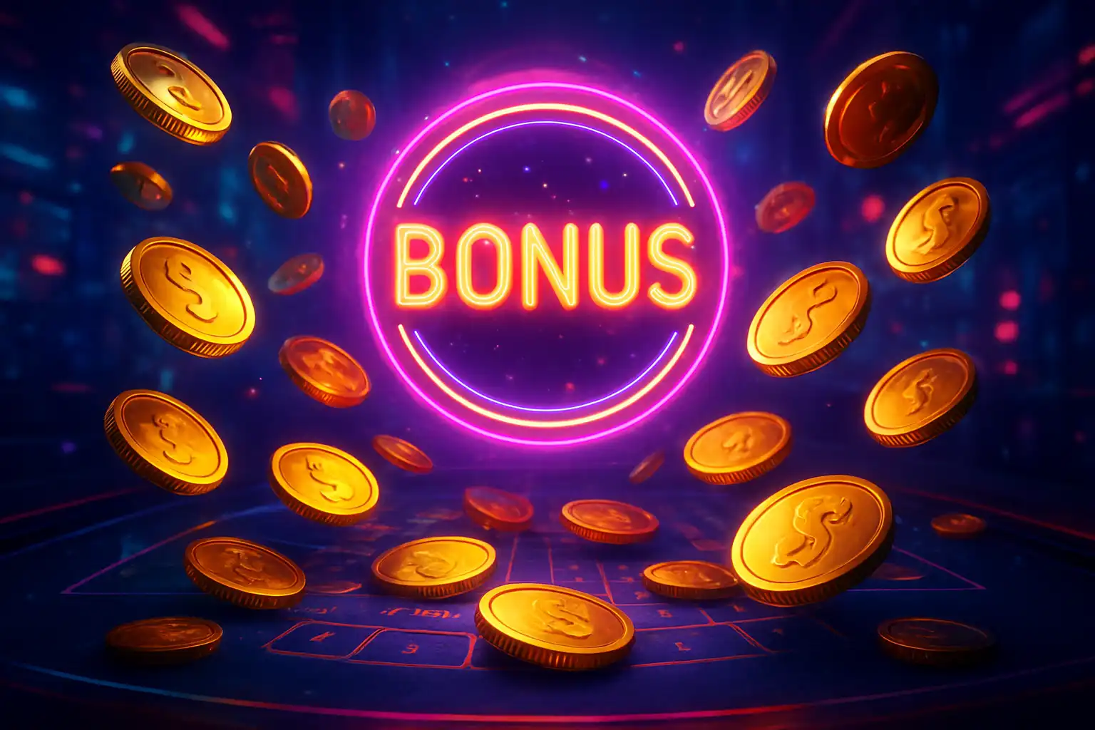 Golden coins and neon bonus badge floating above a casino table