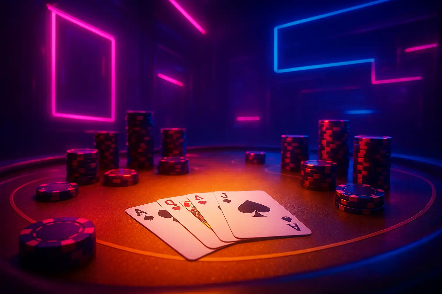 Golden casino table under neon cyberpunk lighting with cards and chips
