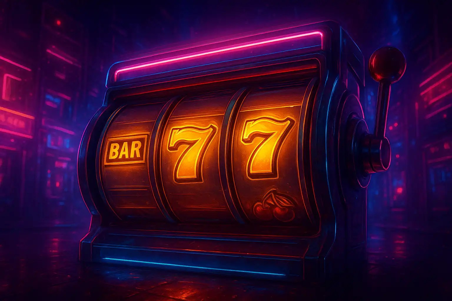 Golden slot machine reels glowing with neon cyberpunk lights